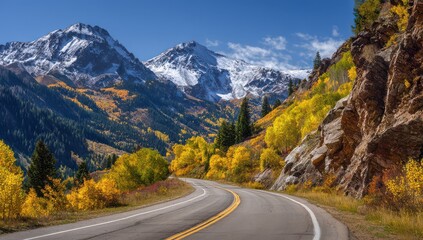 Naklejka premium a winding mountain road with beautiful aspen trees and rocky outcrops