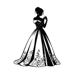 Black silhouette of a woman in an elegant off-the-shoulder ball gown with ornate floral patterns on the skirt