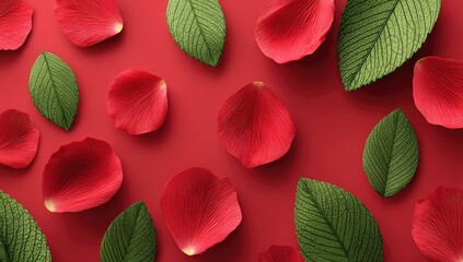 Red petals and green leaves on a red background