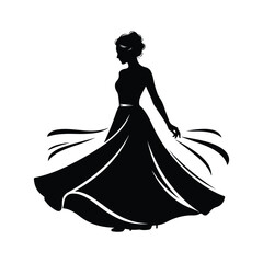 Black silhouette of a woman in a flowing ball gown with her hair styled up female dress