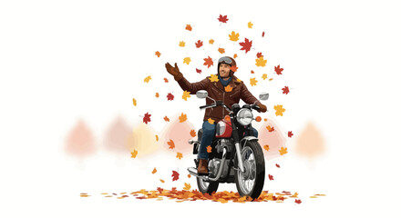 Man riding a motorcycle surrounded by autumn leaves enjoying the fall season