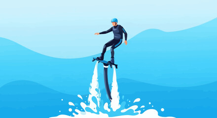 Man riding a jetboard on the ocean, clear water, blue sky, and modern recreation