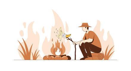 Man Roasting Banana Over Campfire Illustration Design For Outdoor Adventure