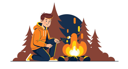 Man roasting a marshmallow at a campfire in a serene forest setting