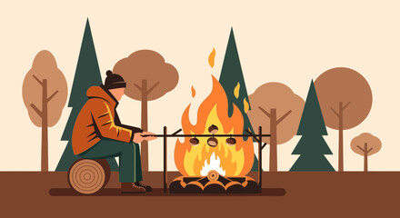 Man roasting chestnuts over a campfire in the forest during autumn season
