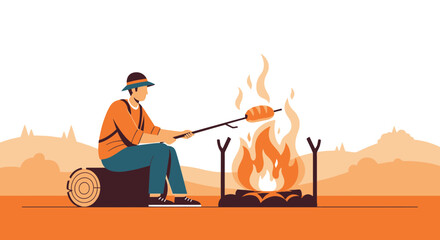 Man roasting bread over campfire during camp, outdoor adventure activity illustration