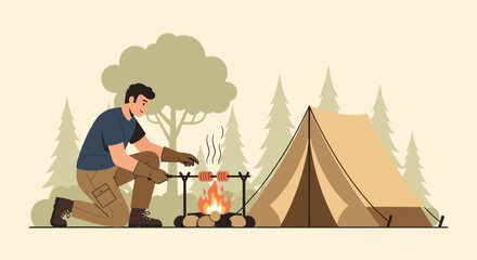 Man Roasting Food Over A Campfire Near Tent In The Forest, Outdoor Camping Fun