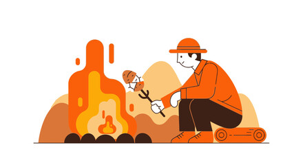 Man Roasting Food Over Campfire In A Simple Flat Illustration Outdoorsy Scene