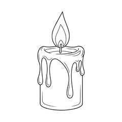 Black and white outline illustration of a lit candle with dripping wax flame burning
