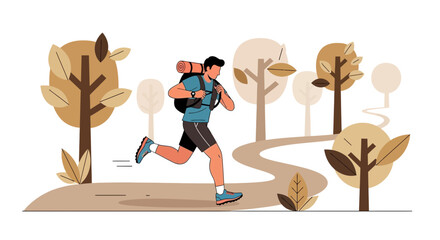 Man Running In The Woods Trail With A Backpack, Nature, Outdoor, Illustration