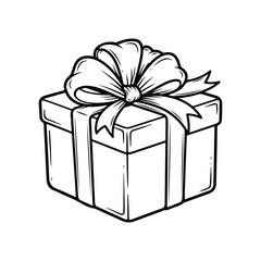Black and white line drawing of a gift box with a bow present ribbon