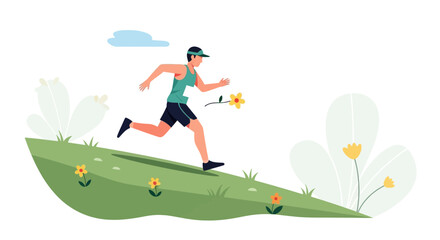 Man Running On Grassy Hill Silhouette Illustration With Plant Designs And Sky Elements