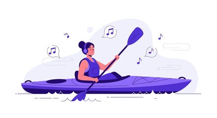 Kayaking Adventure On Water While Listening Music Through The Modern Wireless Headphones