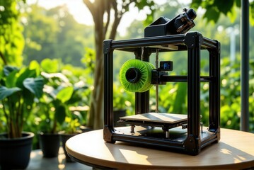 3d printing machine: Innovative eco-friendly 3D printer operating with recycled filament amidst thriving plants in a botanical garden environment.