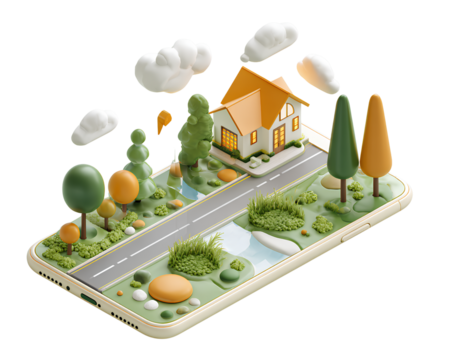3d isometric mobile app illustration. on the smartphone screen, there's an open application with icons representing a road, house, and school.