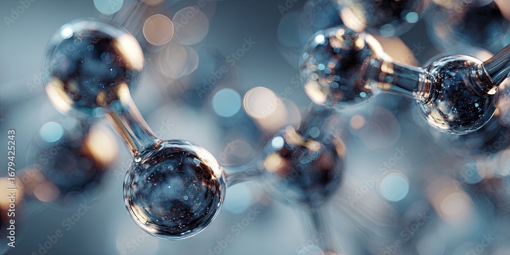 Poster abstract representation of molecules with glossy spheres and blurred background in science visual co