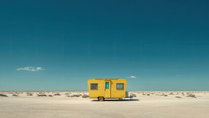 Solitary yellow trailer in a vast, sun-drenched desert landscape
