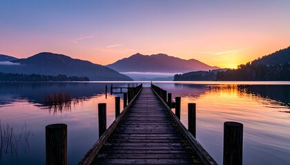 Obraz premium Breathtaking view of a wooden pier on a still lake during a vibrant sunrise, with mountains silhouetted against a colorful morning sky