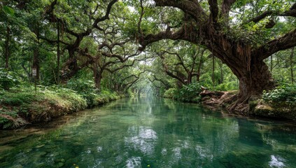 Fototapeta premium Lush canal lined with ancient trees