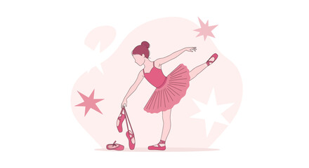 Minimalist illustration of a ballerina in a pink tutu and ballet shoes on white background