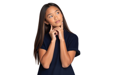 Thoughtful young Asian girl looking up, with hands resting on her face