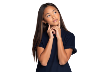 Thoughtful young Asian girl looking up, with hands resting on her face