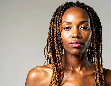 Portrait of a woman with braided hair looking directly at the camera