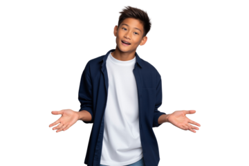 Confused young Asian boy shrugging with hands open