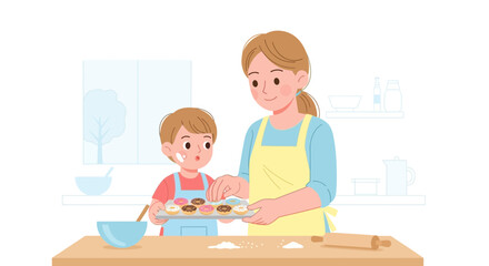 Mother And Child Baking Together Creating Enjoyable Donuts In The Kitchen Space
