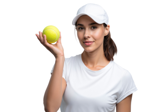 Smiling young woman in white sportswear and cap holding a tennis ball