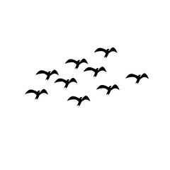 "Flying flock of birds vector, geese silhouettes triangle in sky, monochrome greeting card illustration, postcard invitation white background."
