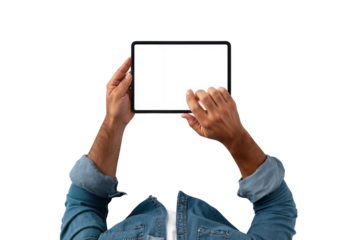 Man holding a digital tablet with a blank white screen, actively touching it, ideal for mockups