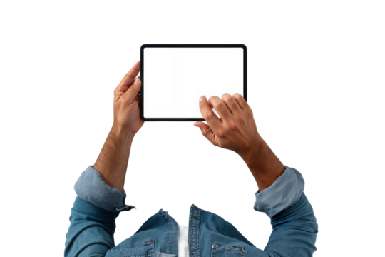 Man holding a digital tablet with a blank white screen, actively touching it, ideal for mockups