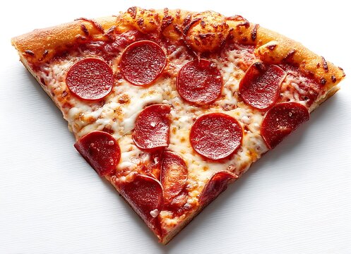 A slice of pepperoni pizza on a white background, shot from a top view with high-resolution detail. --ar 12893 --v 7.0 --p xa2l5yp - Image #1 @Anfal