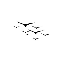 "Flying birds flock vector illustration, geese silhouettes in autumn triangle, monochrome postcard greeting design, invitation on white background."