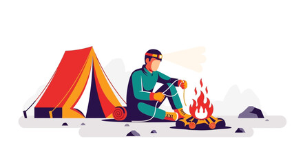 Man camping by a campfire near a tent cartoon illustration vector design elements