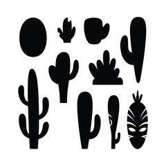 Collection of black silhouette desert plants and a tribal mask on a white background cactus black and white