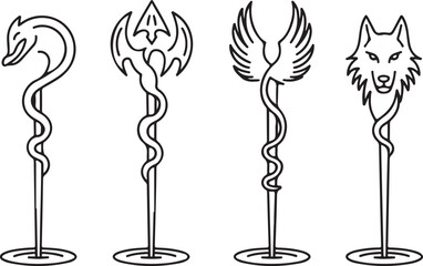 Fantasy Outline Icons Pack Magic Staffs with Dragon, Phoenix, Serpent, and Wolf Animal Designs