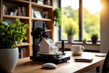 3d printing machine: Compact 3D printer on wooden desk printing a miniature architecture model, with sunlight streaming through the window, surrounded by plants and a bookshelf.