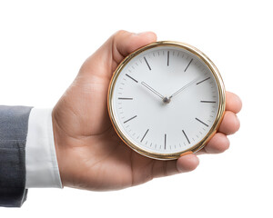hand holding a clock, white background png cutout with transparent background