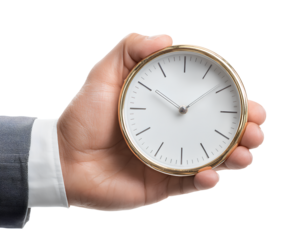 hand holding a clock, white background png cutout with transparent background