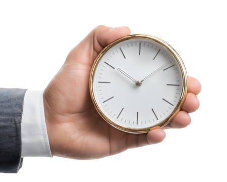 hand holding a clock, white background png cutout with transparent background