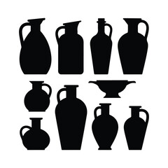 Collection of black silhouette ancient amphorae and vases on white background pottery