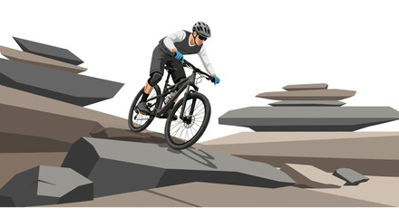 Mountain biker riding a bicycle on a rocky terrain in a vector illustration