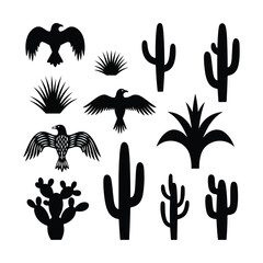 Fototapeta premium Black silhouette desert wildlife and flora collection cactus bird