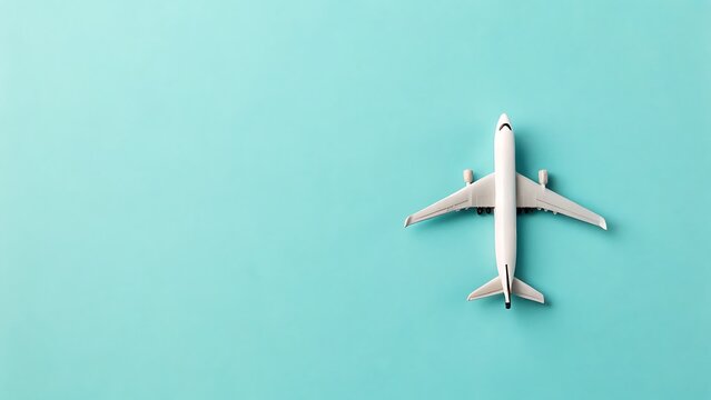 Miniature white airplane on light blue background suitable for travel blogs, aviation insights, and educational materials for kids.