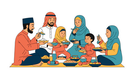 Adobe illustrator artwork vector illustration of a happy Muslim family, including parents and children, sharing a traditional meal together on the floor during Ramadan or Eid.
