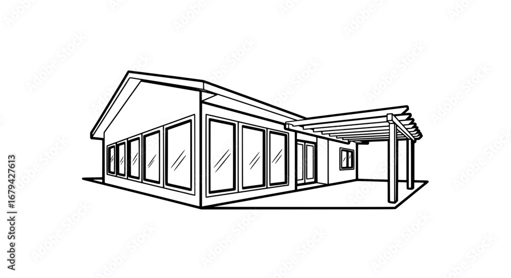 Poster modern house with large windows and open porch with transparent background