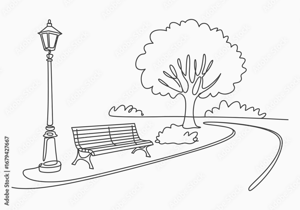 Poster park scene with bench lamp post and tree isolated on white background
