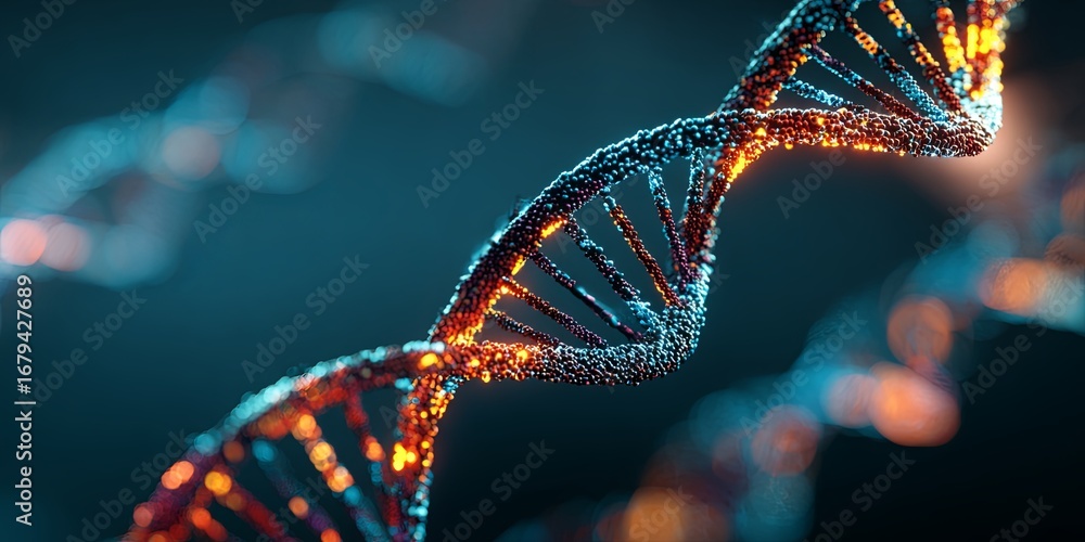 Poster intricate 3d representation of dna helix with vibrant colors and light effects in a mysterious digit